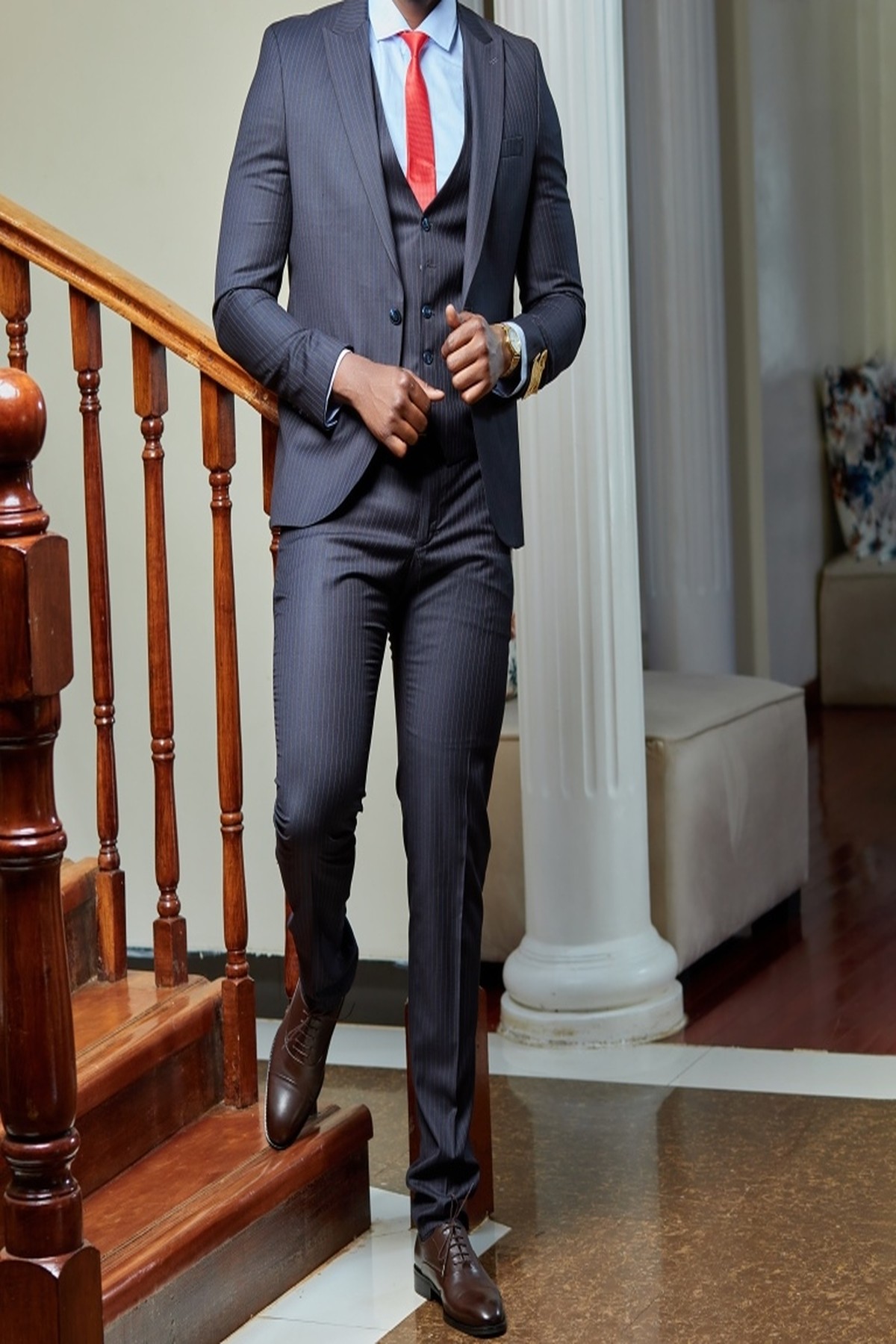 Men’s NAVY BLUE Pinstripe Three-Piece Suit