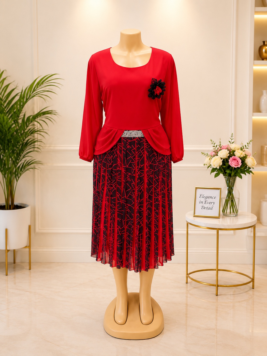 Pleated Dress-Red